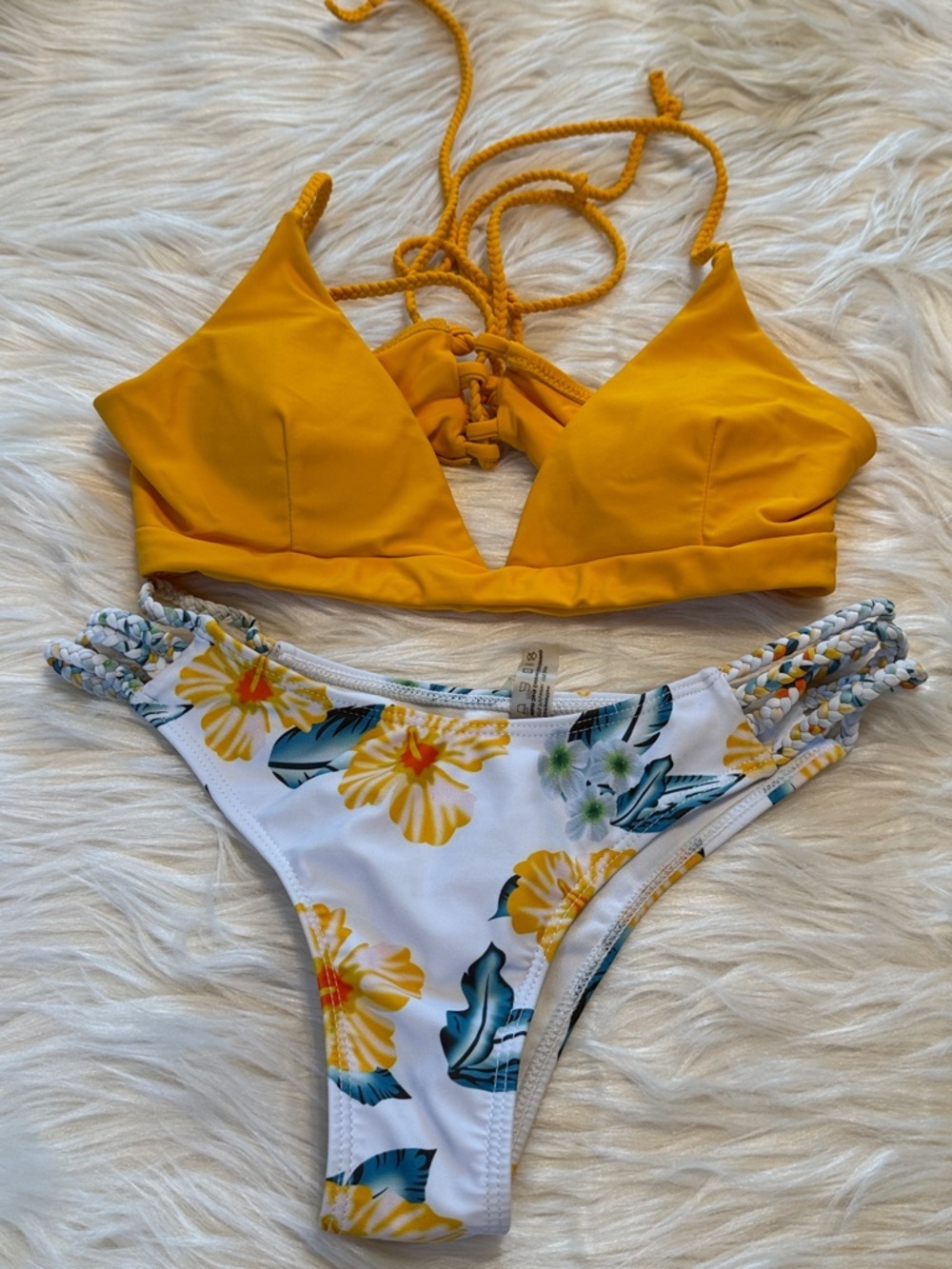 ZAFUL Bikini Yellow Lace-Up Top & White Tropical Braided Bottoms Size 6